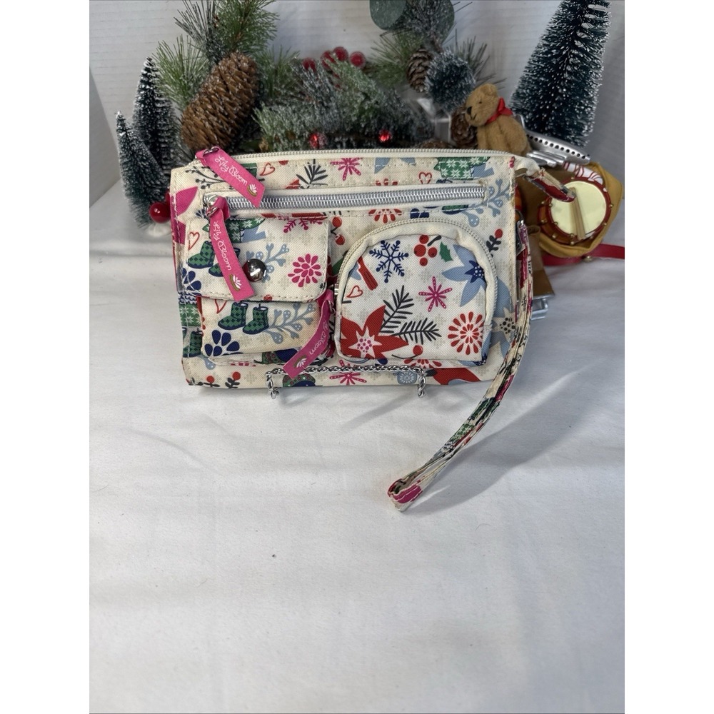 Lily Bloom Holiday Christmas Wristlet Handbag. Boots, Snowflakes Birds 8X5.5"